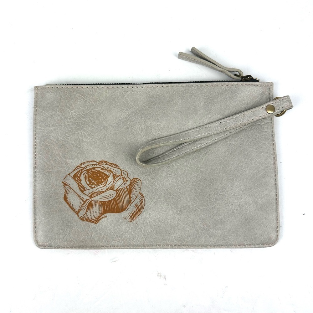 Mona B Wristlet Pouch Vegan Leather‎ Gray Handbag Purse Rose Brand New